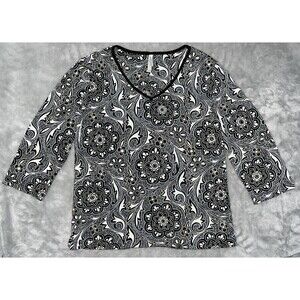 White Stag Womens S 3/4 Sleeve Stretch Top Light Gold Paint Floral Print V-Neck